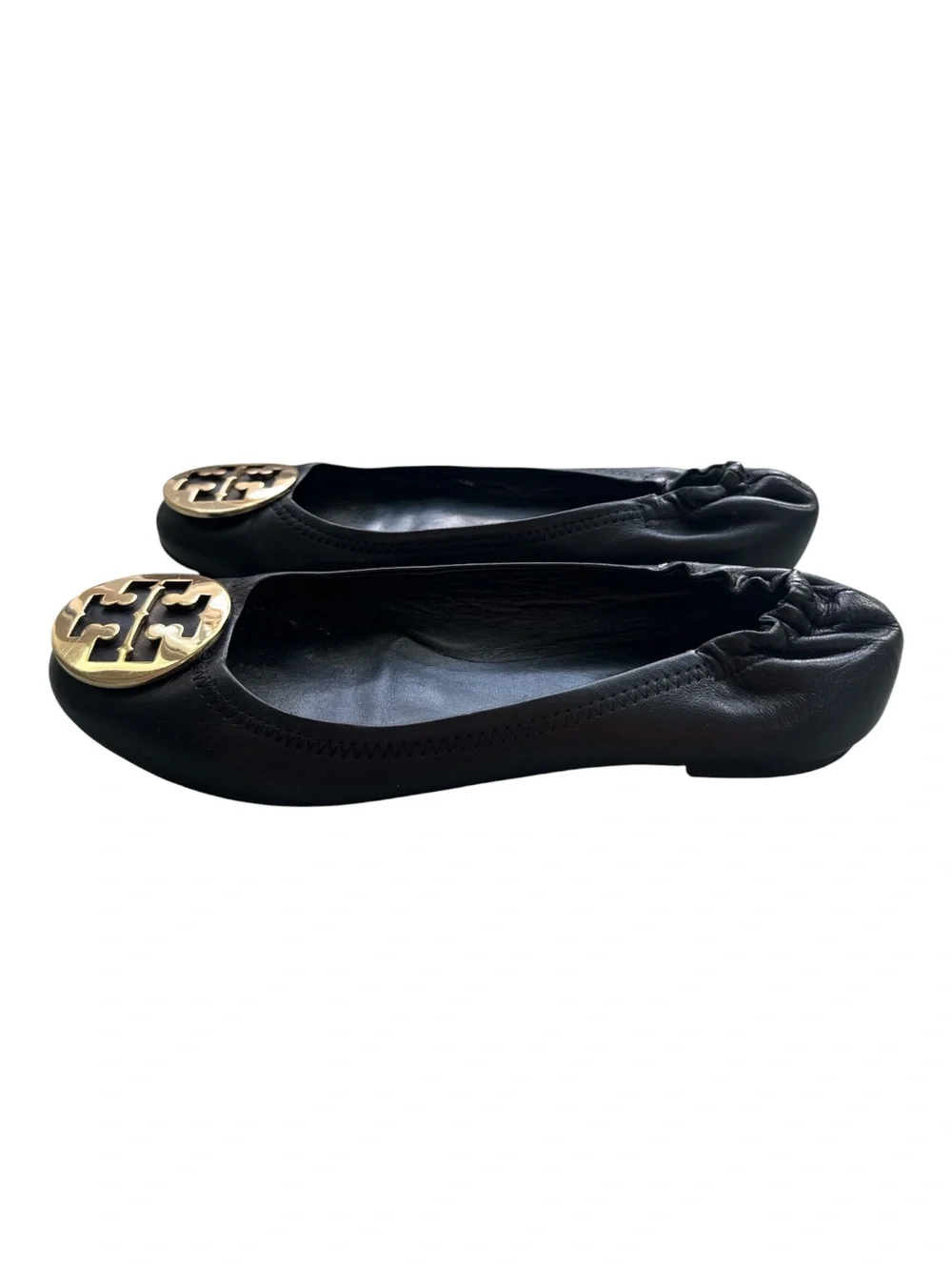 Tory Burch Black Leather Ballet Flats with Gold Logo Medallion
